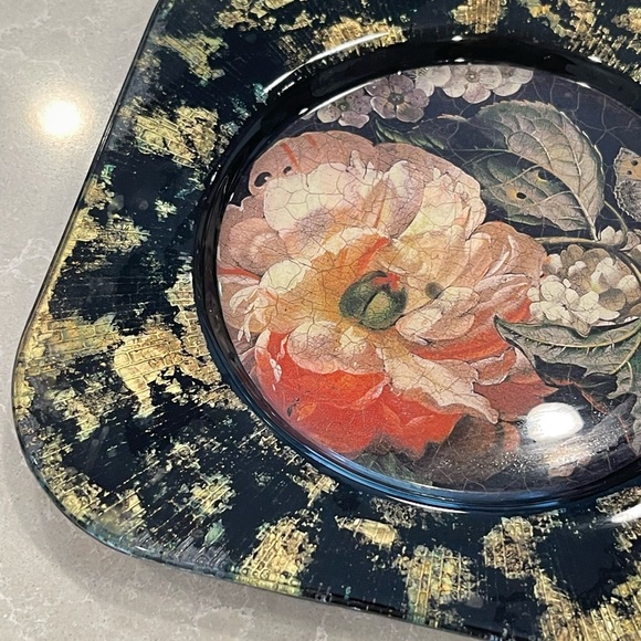 Vintage Signed Lesley Roy Gold Aventurine Lepidoptera Butterfly & Flowers Plate - Picture 2 of 7